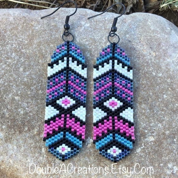 Southwest Feathers Beaded Earrings, New, Handmade by Me - Picture 2 of 10